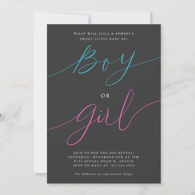 Gender Reveal Party Boy eller Girl Modern Script G Inbjudningar (Framsida)