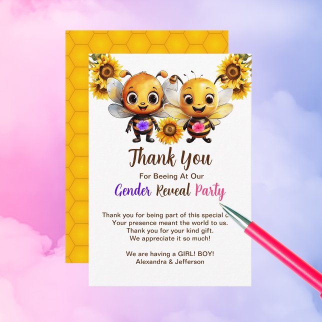 Gender Reveal Party Han eller hon Baby Bee Shower Tack Kort (Gender Reveal Party He or She Baby Bee Shower Thank You Card)