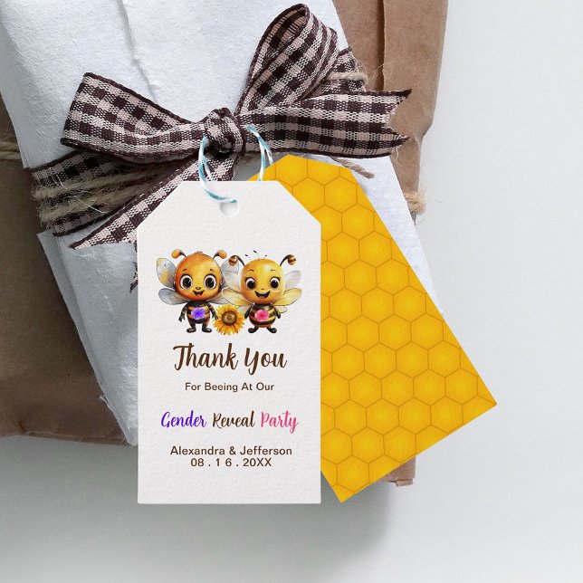 Gender Reveal Party Han eller hon Baby Bee Tack Presentetikett (Gender Reveal Party He or She Baby Bee Thank You Gift Tags)