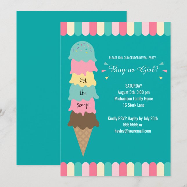Gender Reveal Party Heres the Scoop Ice Cream Teal Inbjudningar (Fram/baksida)