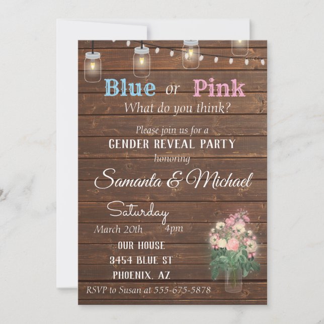 Gender Reveal Party Inbjudan Wood Rustic Ljus (Framsida)