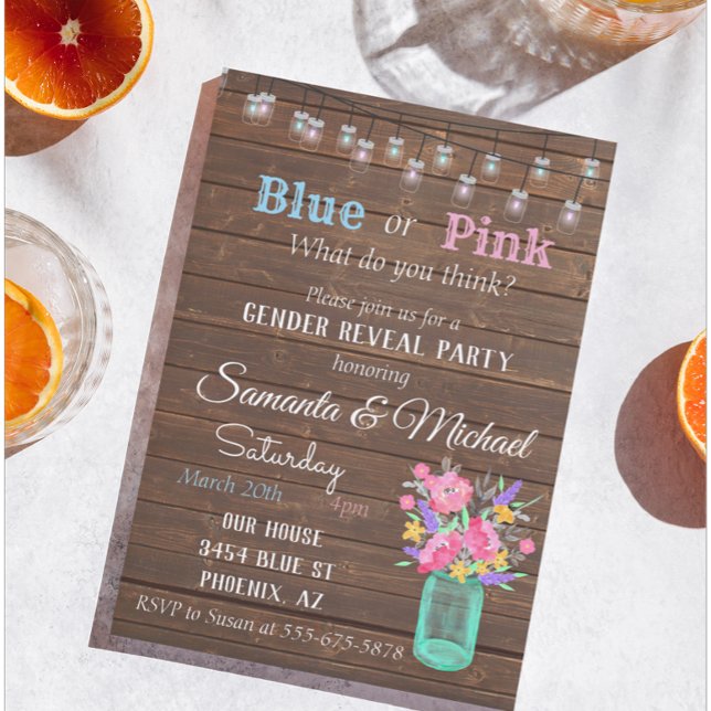 Gender Reveal Party Mason Burk Wood Rustic Ljus Inbjudningar (Skapare uppladdad)