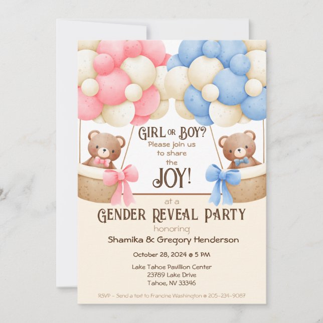 Gender Reveal Party Rosa & Blue Balloon Bears Inbjudningar (Framsida)