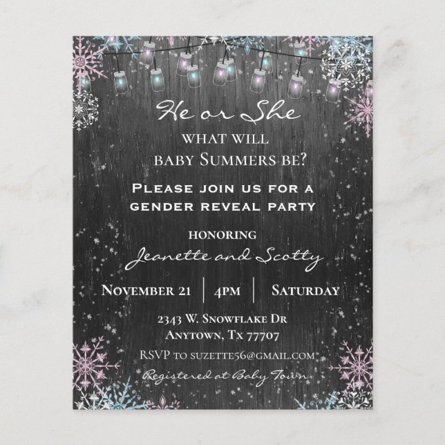 Gender Reveal Party Winter Snowflake Wood Ljus I Flygblad (Framsidan)