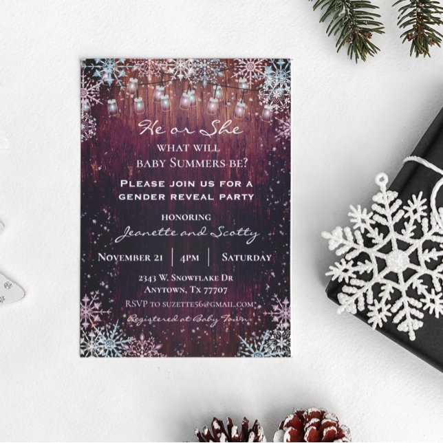 Gender Reveal Party Winter Snowflake Wood Ljus Inbjudningar (Skapare uppladdad)
