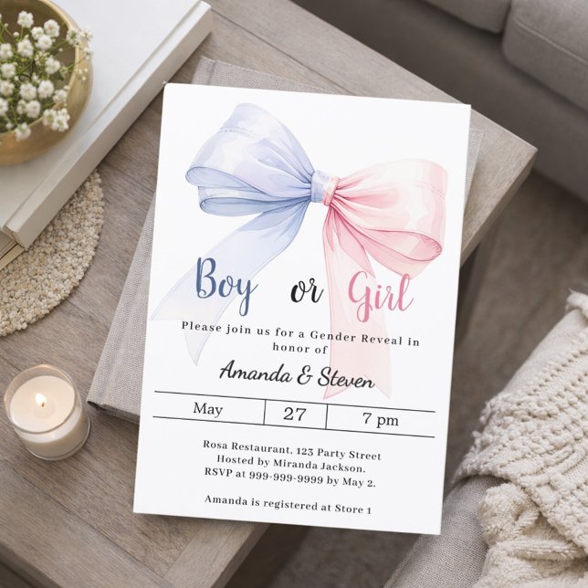 Gender reveal pink blue bow boy girl inbjudningar (Skapare uppladdad)
