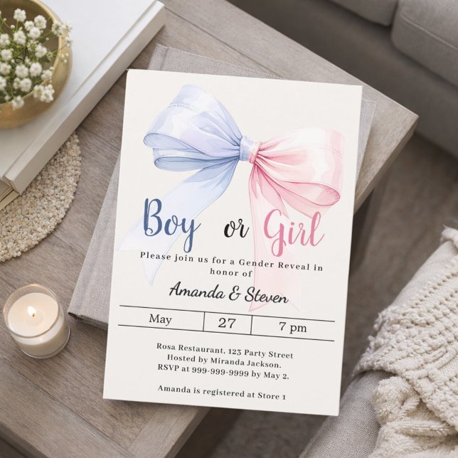 Gender reveal pink blue bow ivory boy girl inbjudningar (Skapare uppladdad)