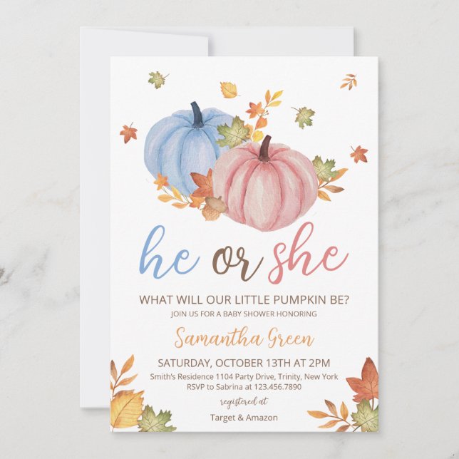 Gender Reveal Pumpkin Baby Shower Inbjudningar (Framsida)