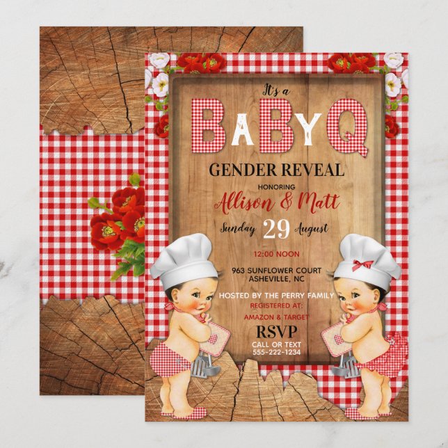 Gender Reveal Red Gingham Wood Baby Q Barbecue Inbjudningar (Fram/baksida)