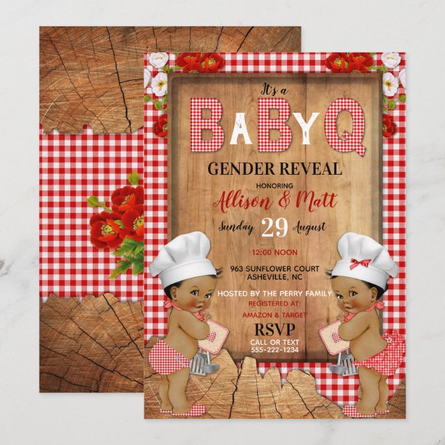 Gender Reveal Red Gingham Wood Baby Q Barbecue Inbjudningar (Fram/baksida)