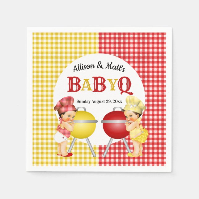 Gender Reveal Red Gult Gingham Baby Q BBQ Pappersservett (Framsidan)