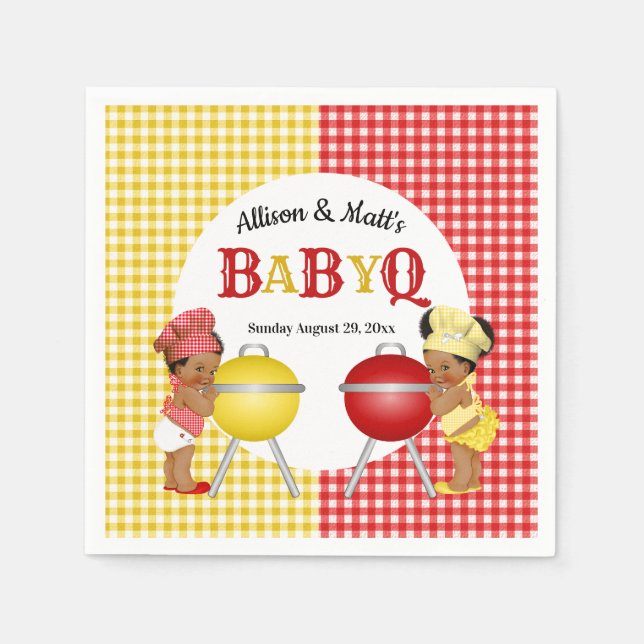 Gender Reveal Red Gult Gingham Baby Q BBQ Pappersservett (Framsidan)