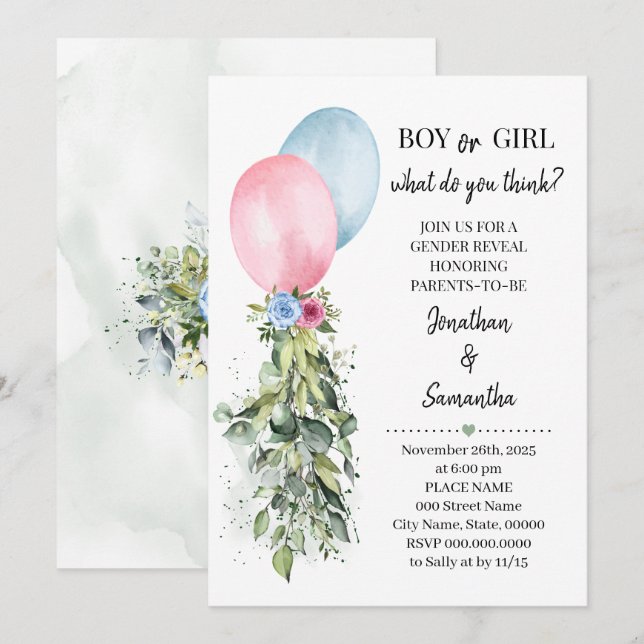 Gender Reveal Rosa Blue Balloons Eucalyptus Inbjudningar (Fram/baksida)
