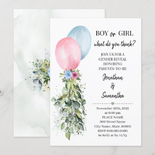 Gender Reveal Rosa Blue Balloons Eucalyptus Inbjudningar