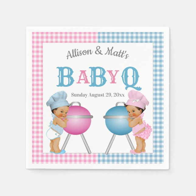 Gender Reveal Rosa Blue Gingham Baby Q BBQ Pappersservett (Framsidan)