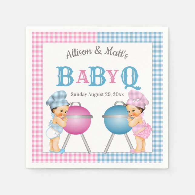 Gender Reveal Rosa Blue Gingham Baby Q BBQ Pappersservett (Framsidan)