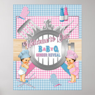 Gender Reveal Rosa Blue Gingham Baby Q BBQ Poster