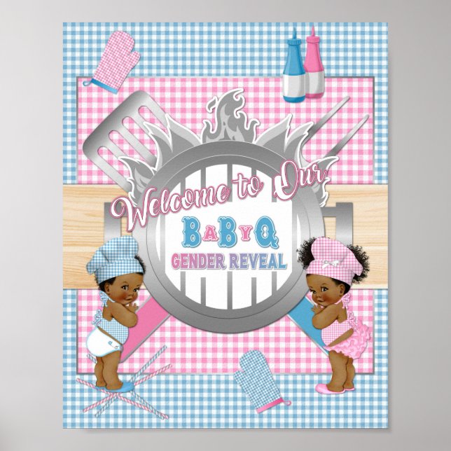 Gender Reveal Rosa Blue Gingham Baby Q BBQ Poster (Framsidan)
