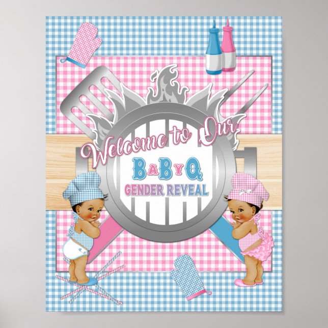 Gender Reveal Rosa Blue Gingham Baby Q BBQ Poster (Framsidan)