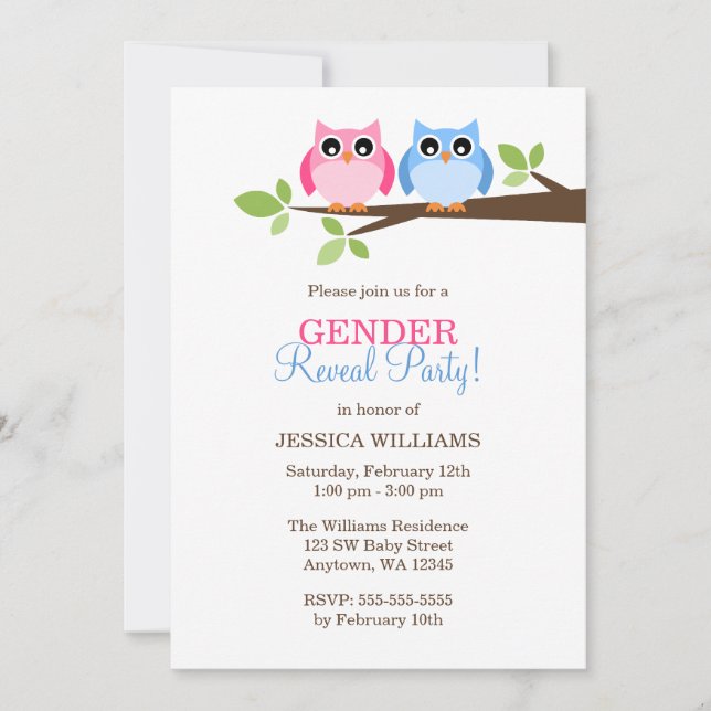 Gender Reveal Rosa Blue Ugglor Gren Inbjudningar (Framsida)
