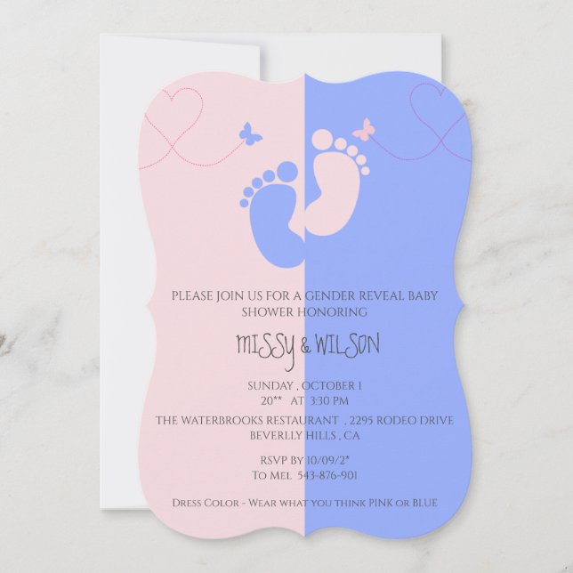 Gender Reveal Rosa Girl Blue Pojke-inbjudan Spara Datumet (Framsida)