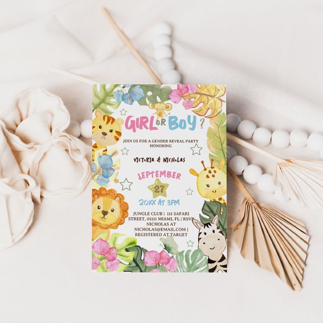 Gender Reveal Safari Jungle Animal Tropical Inbjudningar (Skapare uppladdad)