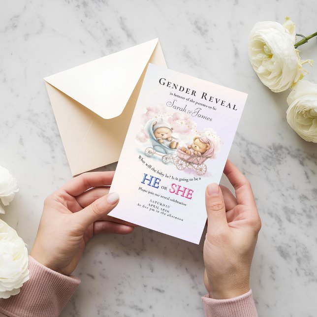 Gender Reveal Stroller Teddies Invitation Inbjudningar (Skapare uppladdad)