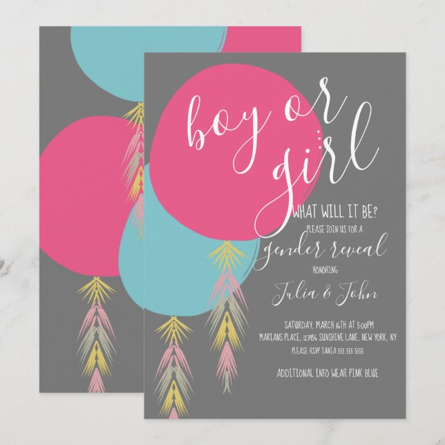 Gender Reveal Tassel Boho Balloon-inbjudan Inbjudningar (Fram/baksida)