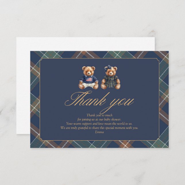 Gender Reveal Thank You Card Navy Plaid Teddy Bear Tack Kort (Fram/baksida)
