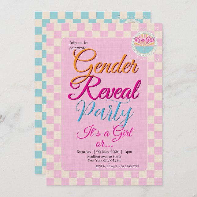 Gender Reveal Two-Sided Blue-Pink Plaid Checkered Inbjudningar (Fram/baksida)