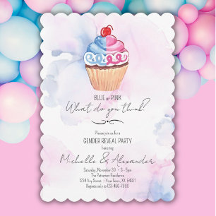 Gender Visa blått Rosa Cupcoa Watercolor Party Inbjudningar