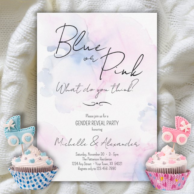 Gender Visa blått Rosa Elegant Vattenfärg Party Inbjudningar (Gender Reveal Blue or Pink Elegant Watercolor Party Invitation)