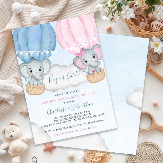 Gender Visa elefant-babyskor för ballonger Inbjudningar (Gender Reveal Elephant Balloon Baby Shower Invitation)
