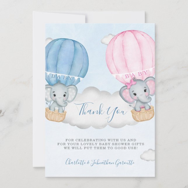 Gender Visa elefant-babyskor för ballonger Tack Kort (Framsida)