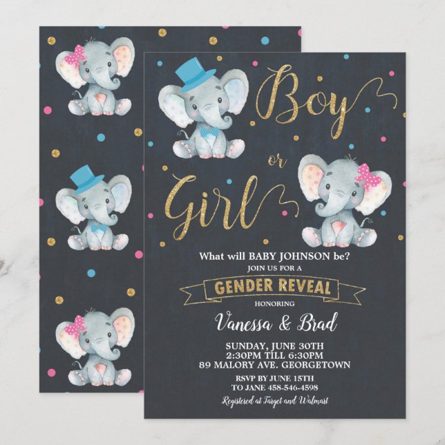 Gender Visa Elephant Baby Gender Reveal Party Inbjudningar (Fram/baksida)