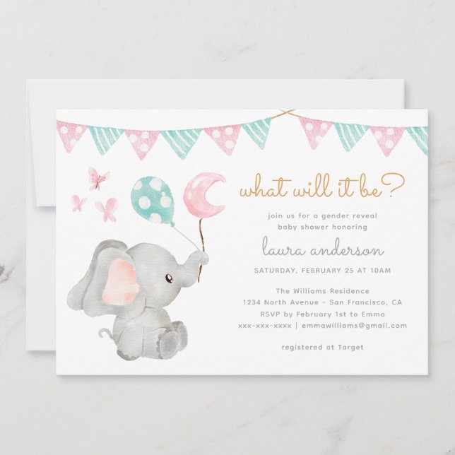 Gender Visa Elephant Baby Shower Inbjudningar (Framsida)