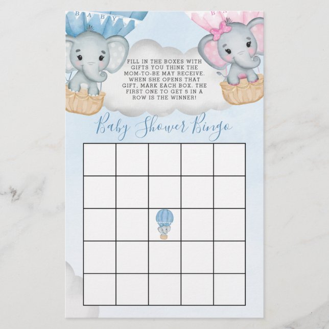 Gender Visa Elephant Balloon Baby Shower Bingo (Framsida)