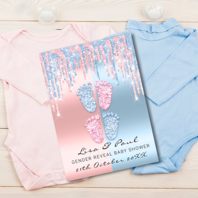 Gender Visa Feet Glitter Rosa Blue Baby Twillingar Inbjudningar (Skapare uppladdad)