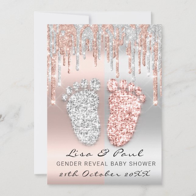 Gender Visa fotdroppar Silver Ro Pojke flicka Inbjudningar (Baksida)