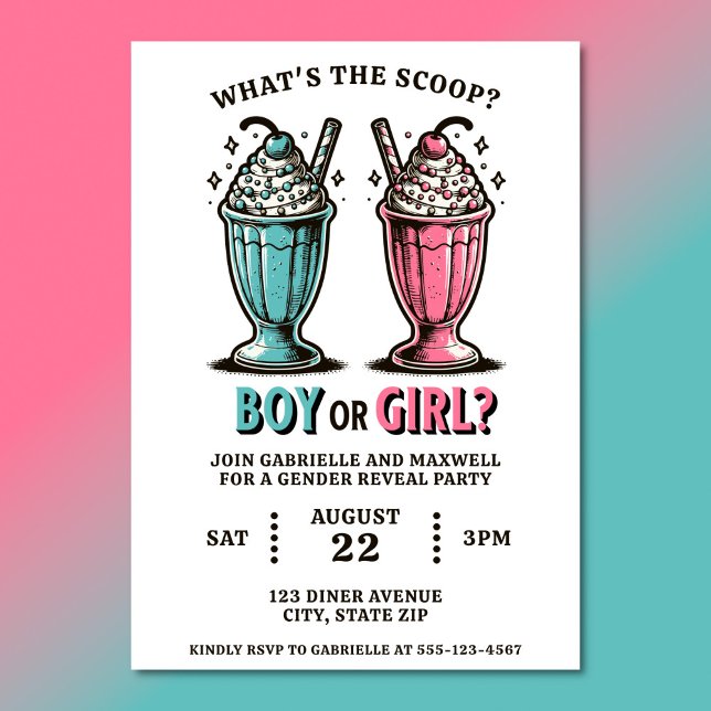 Gender Visa Ice Cream Milkshakes Rosa Inbjudningar (Gender reveal party invitations with 1950s inspired ice cream milkshakes)