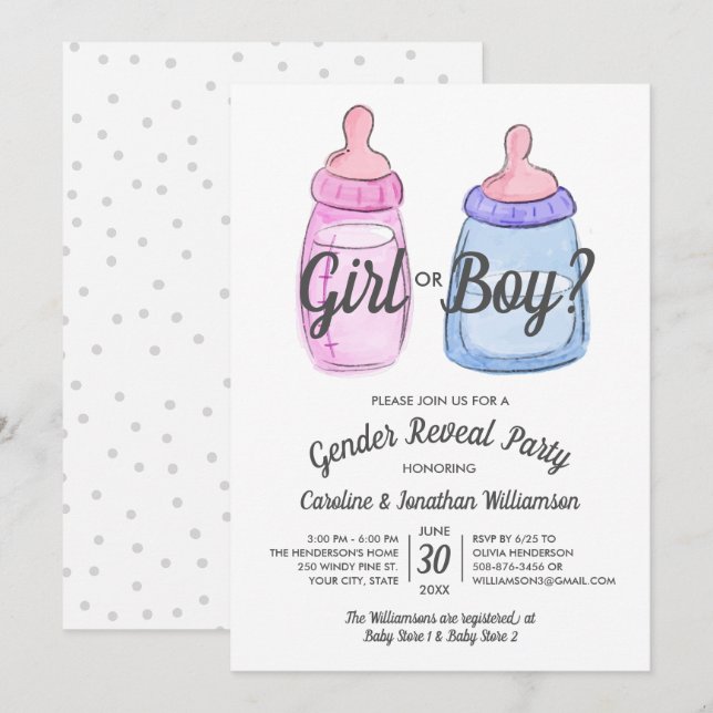 Gender Visa inbjudan till Baby-partiet Flicka elle (Fram/baksida)