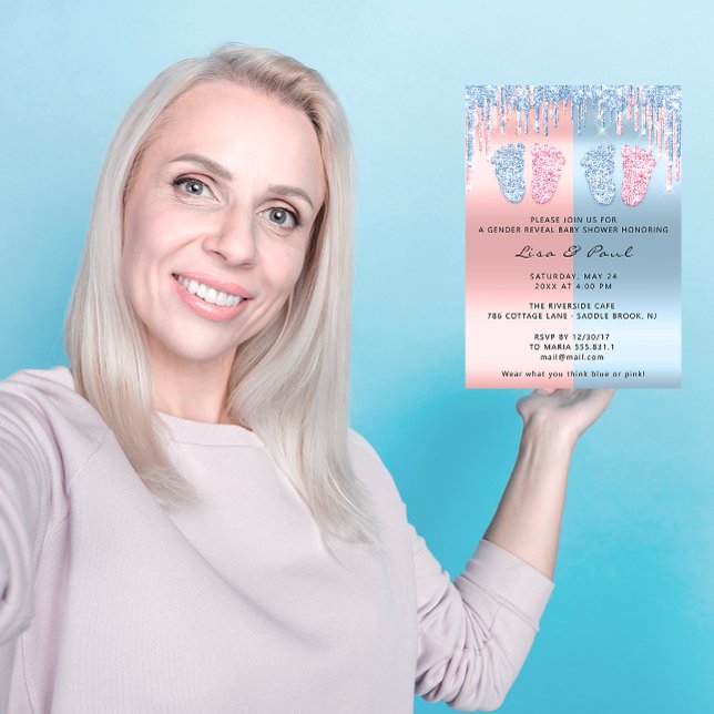 Gender Visa Pastel Rosa Blue Baby Twillingar Inbjudningar (Gender Reveal Feet Pastel Pink Blue Baby Twins Invitation)