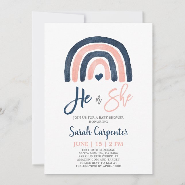 Gender Visa regnbågsblått och rosa dusch Inbjudningar (Framsida)