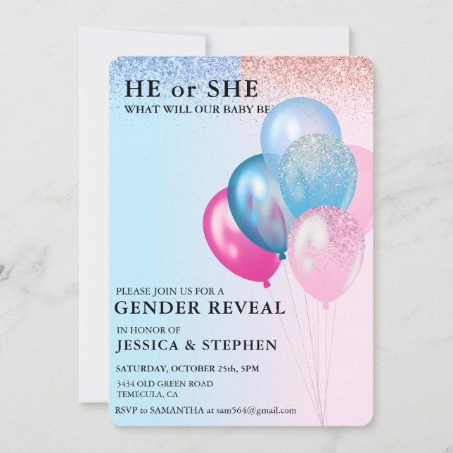 Gender Visa Rosa Blue Balloons Glitter Inbjudningar (Framsida)