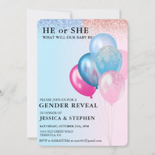 Gender Visa Rosa Blue Balloons Glitter Inbjudningar