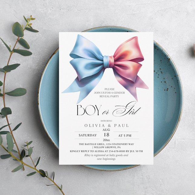 Gender Visa Rosa Blue Bow Baby Shower Party Inbjudningar (Skapare uppladdad)