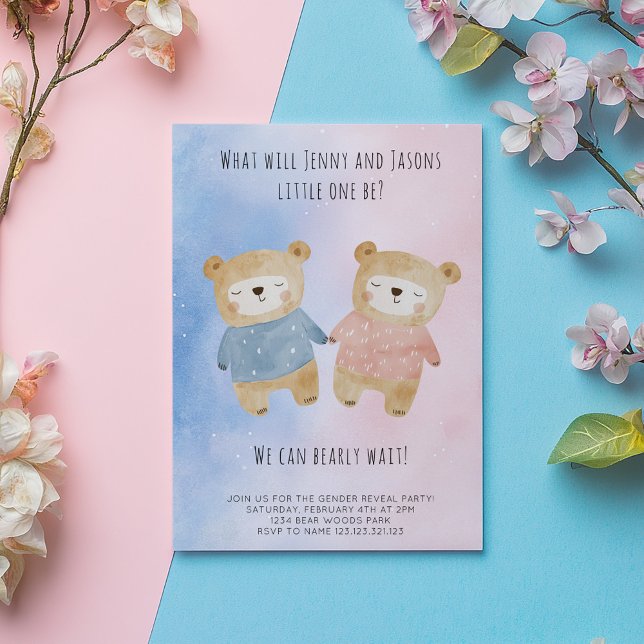 Gender Visa söta nallar stjärnblått rosa Inbjudningar (Cute sleepy bears in pink and blue gender reveal invitation card. The card says "we can bearly wait.)
