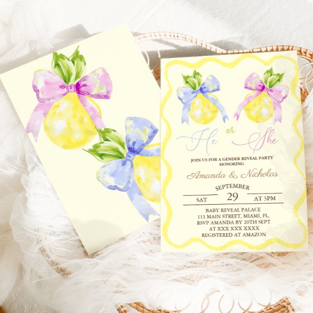 Gender visar att han eller hon Rosa Blue Bow Lemon Inbjudningar (Skapare uppladdad)