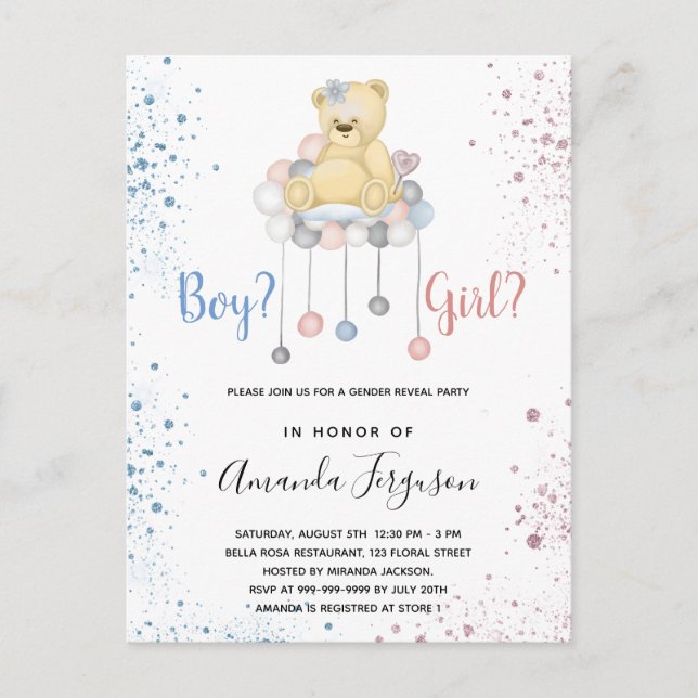 Gender visar nalle blått rosa vid babydusch inbjudan vykort (Framsida)