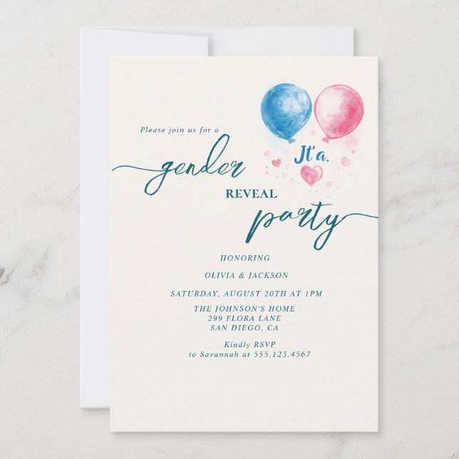gender visar party röda och blå ballonger inbjudningar (Framsida)